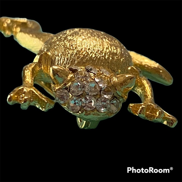 Gold Tone M Jent Frog Brooch With Clear Rhinestone Bling Head - Picture 5 of 9